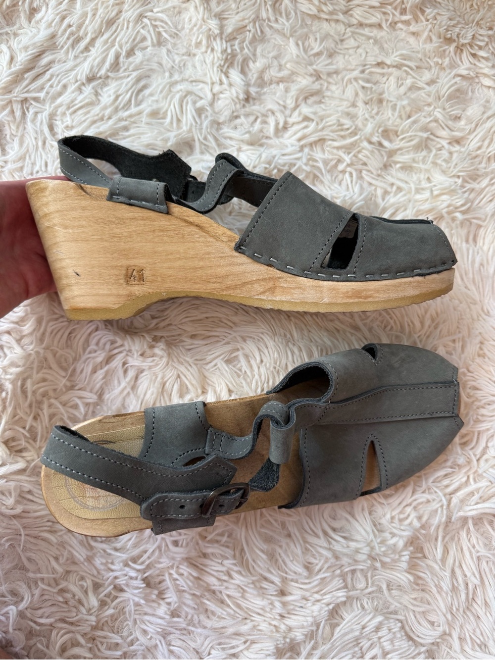 No.6 Gray Leather Wood Clog Wedge Sandals Slingback Peep Toe EU 41 US 10